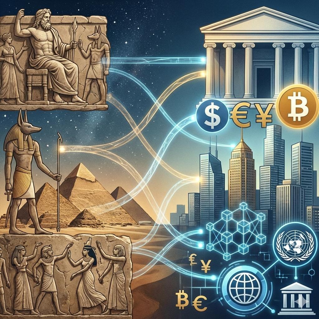 Коллаж, символизирующий эволюцию коллективных мифов: от древних богов и пирамид к современным правовым системам, валютам и цифровым институтам, объединенных невидимыми связями.