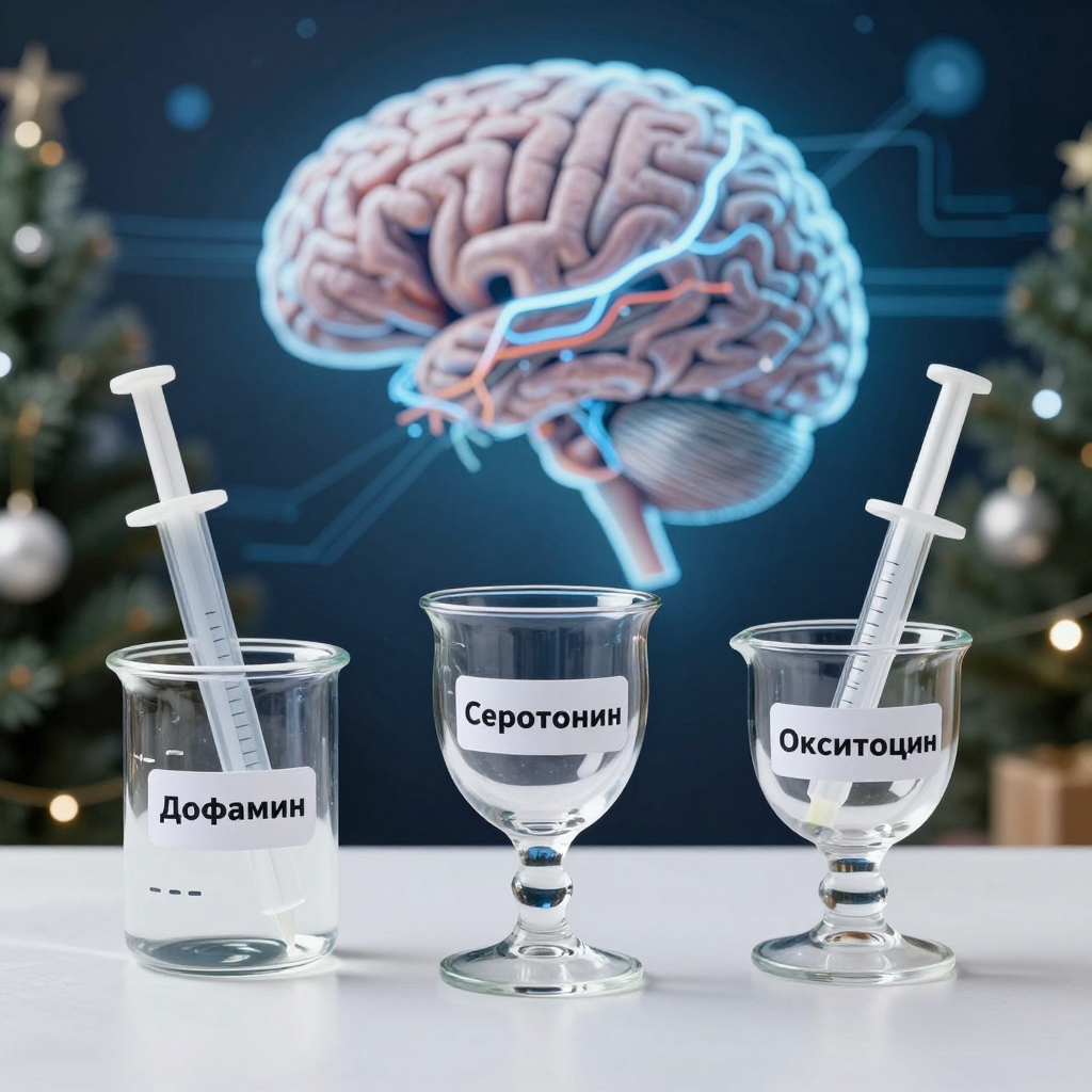 Большая пробирка с дофамином, и две мензурки-фужера с серотонином и окситоцином. Выглядит это похоже на лабораторию  Фон — условное изображение мозга с нейронными сетями. 