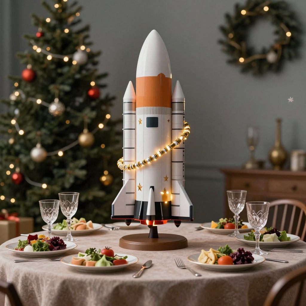 Яркий детский космический корабль на стартовой площадке, которая представляет собой новогодний стол (с оставшимися салатами, бокалами). 