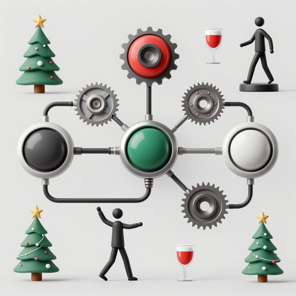 Схематичное изображение механизма, на котором несколько крупных шестерёнок, колесиков и кнопок. А также люди и ёлки, скрепленные проводами