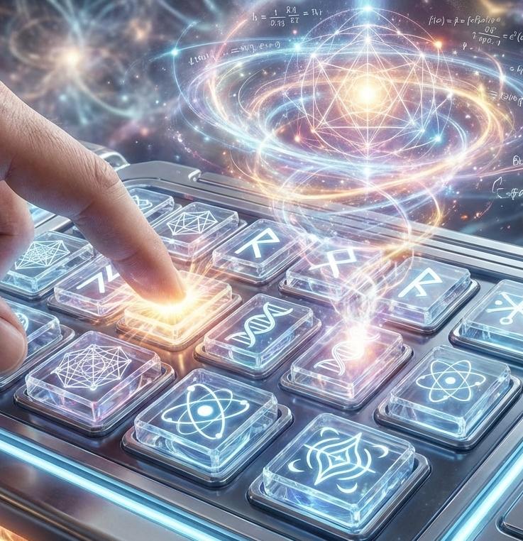 Рука человека, нажимающая на светящиеся кнопки футуристического пульта управления, где вместо цифр изображены эзотерические и квантовые символы.