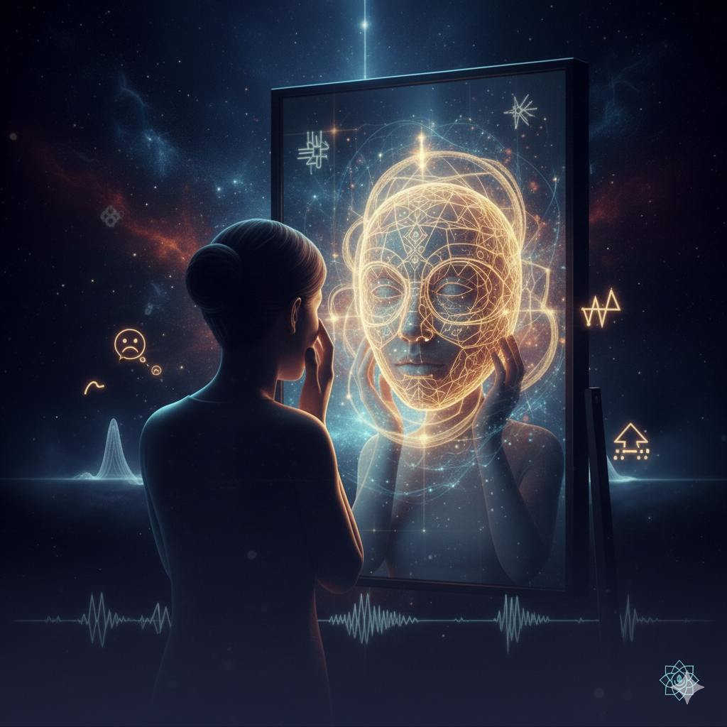 Силуэт женщины, смотрящей в зеркало; в отражении лицо представлено в виде золотистой структуры из линий и сакральной геометрии на фоне звездного неба.